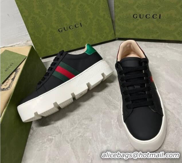 Classic Hot Gucci Ace Bee Embroidered Leather Platform Sneakers Black 321115