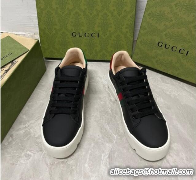 Classic Hot Gucci Ace Bee Embroidered Leather Platform Sneakers Black 321115