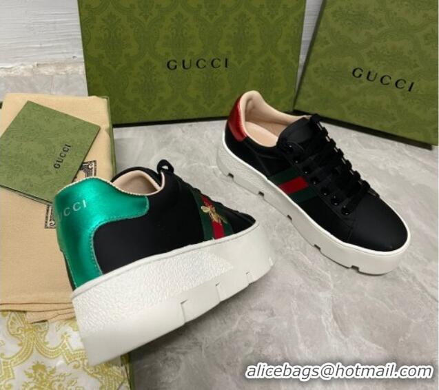 Classic Hot Gucci Ace Bee Embroidered Leather Platform Sneakers Black 321115