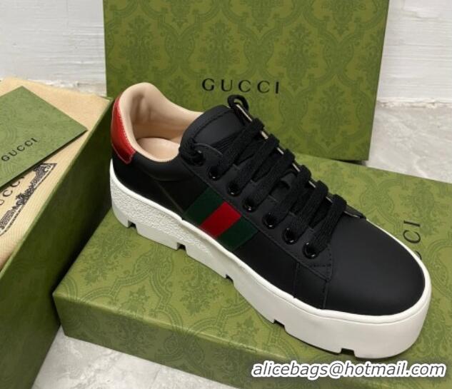 Classic Hot Gucci Ace Bee Embroidered Leather Platform Sneakers Black 321115