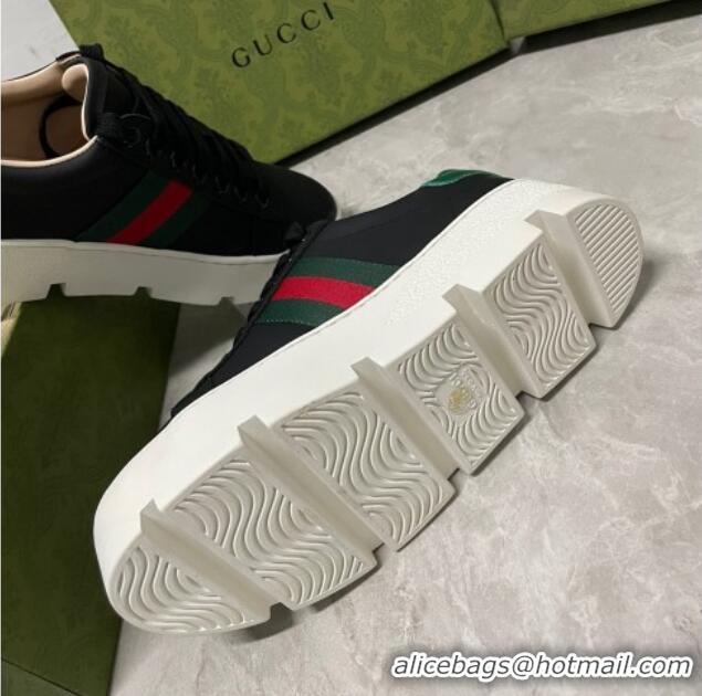 Classic Hot Gucci Ace Bee Embroidered Leather Platform Sneakers Black 321115