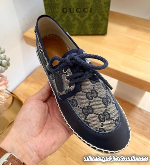 Popular Style Gucci GG Canvas and Leather Lace-up Espadrilles Navy Blue 329060