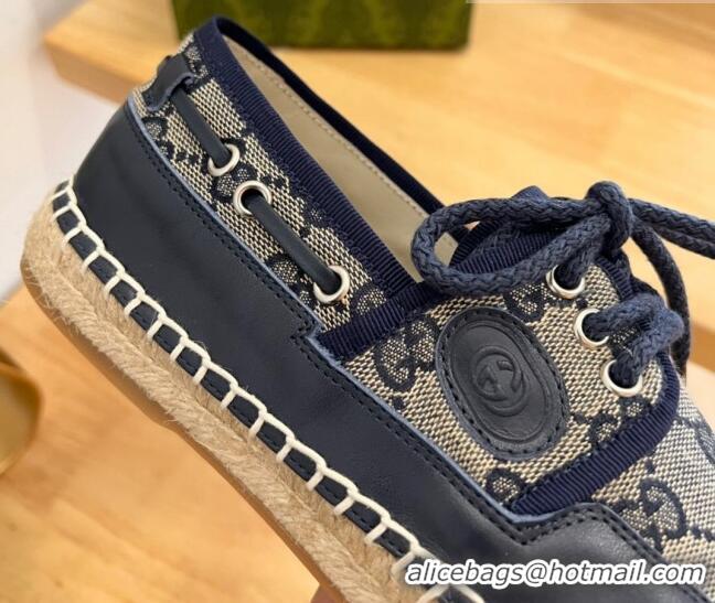 Popular Style Gucci GG Canvas and Leather Lace-up Espadrilles Navy Blue 329060