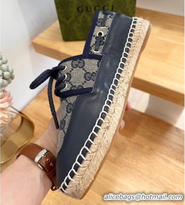 Popular Style Gucci GG Canvas and Leather Lace-up Espadrilles Navy Blue 329060