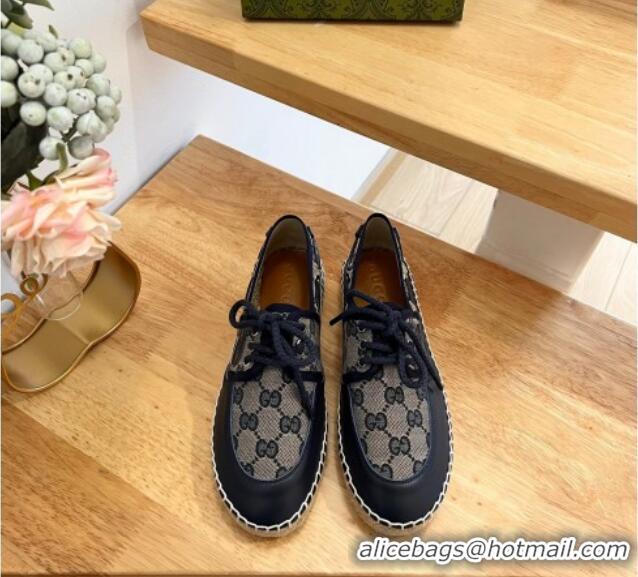 Popular Style Gucci GG Canvas and Leather Lace-up Espadrilles Navy Blue 329060