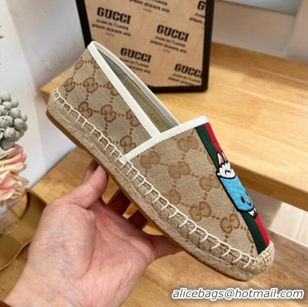 Luxury Cheap Gucci GG Canvas Espadrilles with Web and Dog Embroidery Camel 329061