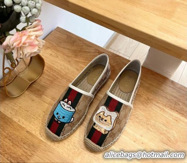 Luxury Cheap Gucci GG Canvas Espadrilles with Web and Dog Embroidery Camel 329061