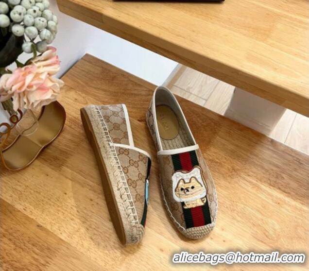 Luxury Cheap Gucci GG Canvas Espadrilles with Web and Dog Embroidery Camel 329061