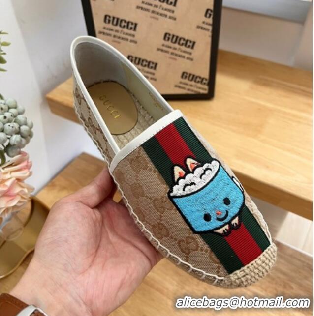 Luxury Cheap Gucci GG Canvas Espadrilles with Web and Dog Embroidery Camel 329061