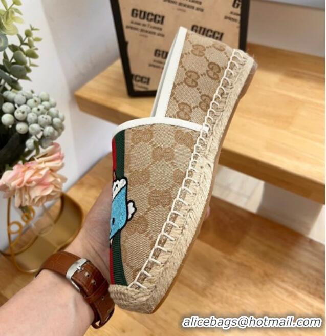 Luxury Cheap Gucci GG Canvas Espadrilles with Web and Dog Embroidery Camel 329061