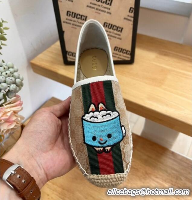 Luxury Cheap Gucci GG Canvas Espadrilles with Web and Dog Embroidery Camel 329061