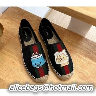 Good Quality Gucci GG Canvas Espadrilles with Web and Dog Embroidery Black 329062