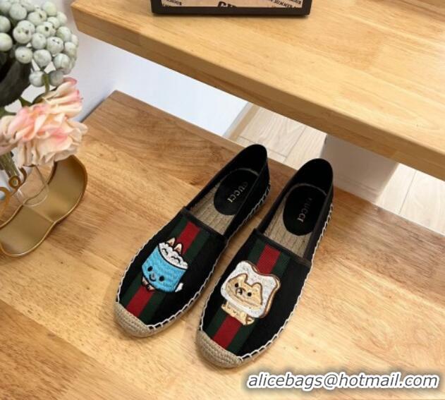 Good Quality Gucci GG Canvas Espadrilles with Web and Dog Embroidery Black 329062