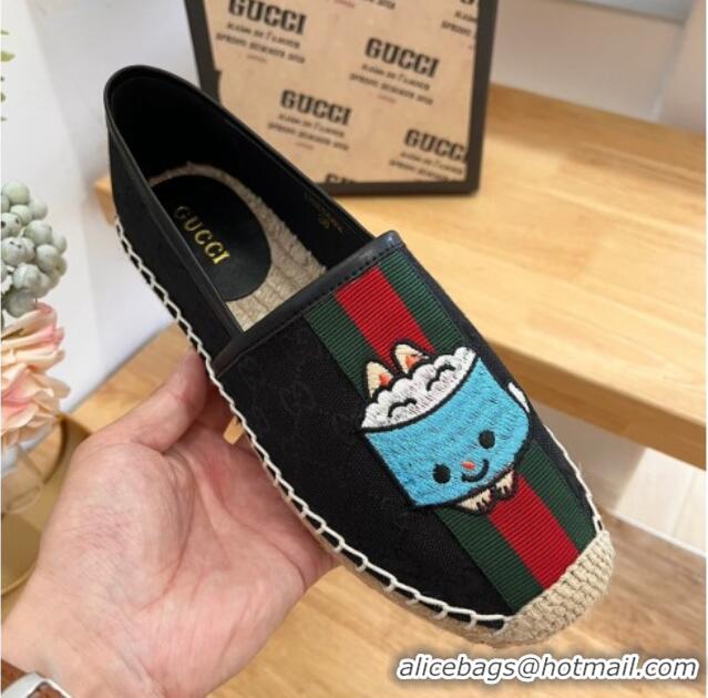 Good Quality Gucci GG Canvas Espadrilles with Web and Dog Embroidery Black 329062