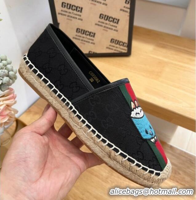 Good Quality Gucci GG Canvas Espadrilles with Web and Dog Embroidery Black 329062