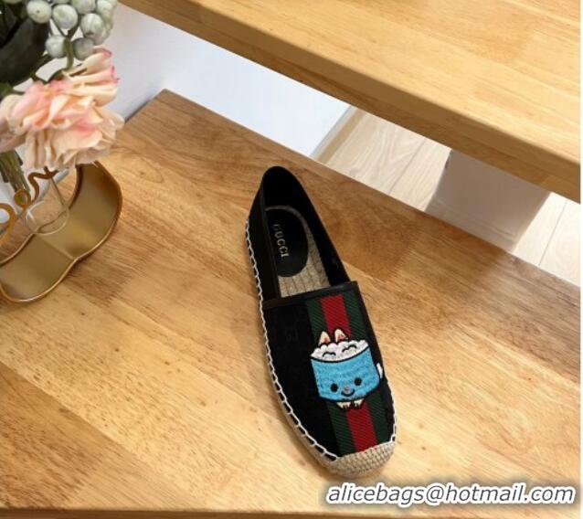 Good Quality Gucci GG Canvas Espadrilles with Web and Dog Embroidery Black 329062