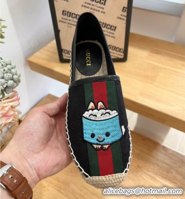 Good Quality Gucci GG Canvas Espadrilles with Web and Dog Embroidery Black 329062