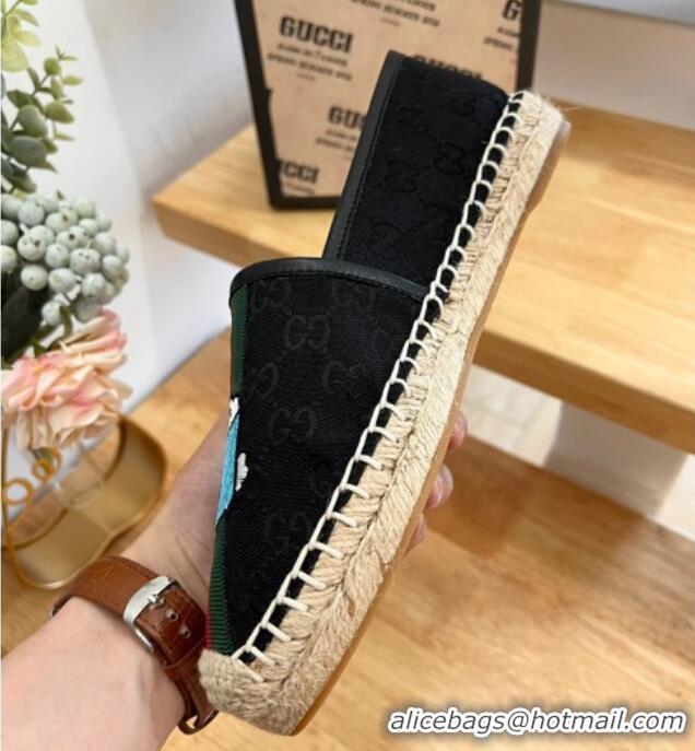 Good Quality Gucci GG Canvas Espadrilles with Web and Dog Embroidery Black 329062