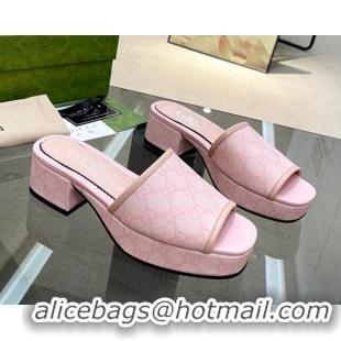 Good Quality Gucci GG Canvas Heel Platform Slide Sandals 4cm Light Pink 403106