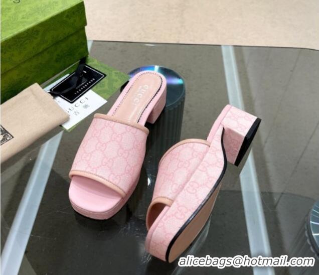 Good Quality Gucci GG Canvas Heel Platform Slide Sandals 4cm Light Pink 403106