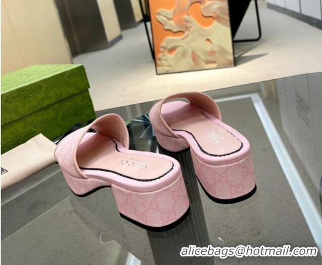 Good Quality Gucci GG Canvas Heel Platform Slide Sandals 4cm Light Pink 403106