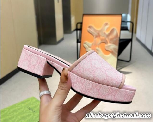 Good Quality Gucci GG Canvas Heel Platform Slide Sandals 4cm Light Pink 403106