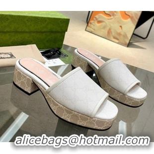 1:1 Gucci GG Canvas Heel Platform Slide Sandals 4cm White/Beige 403108