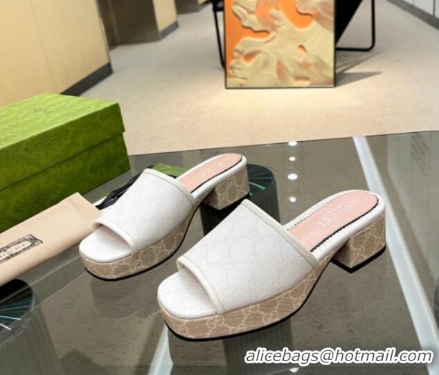 1:1 Gucci GG Canvas Heel Platform Slide Sandals 4cm White/Beige 403108