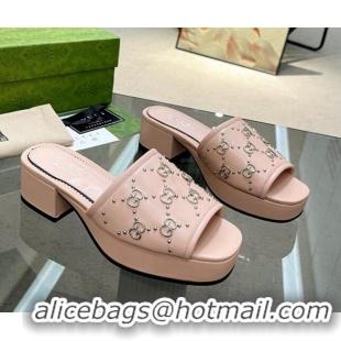 Sumptuous Gucci Leather Heel Platform Slide Sandals 4cm Interlocking G Studs Light Pink 403109