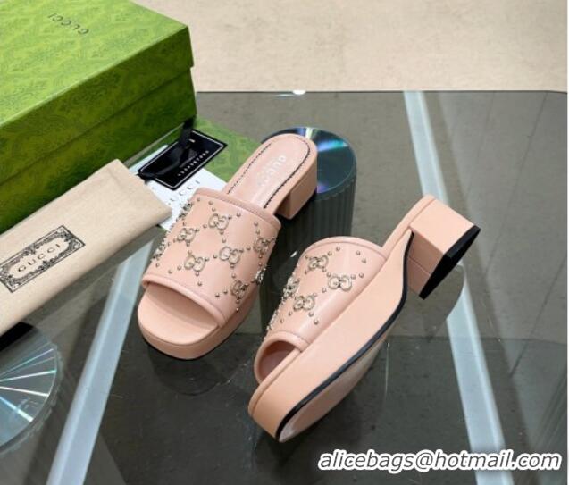 Sumptuous Gucci Leather Heel Platform Slide Sandals 4cm Interlocking G Studs Light Pink 403109