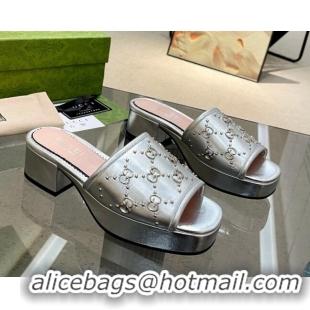 Hot Style Gucci Leather Heel Platform Slide Sandals 4cm Interlocking G Studs Silver 403110