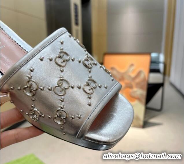 Hot Style Gucci Leather Heel Platform Slide Sandals 4cm Interlocking G Studs Silver 403110