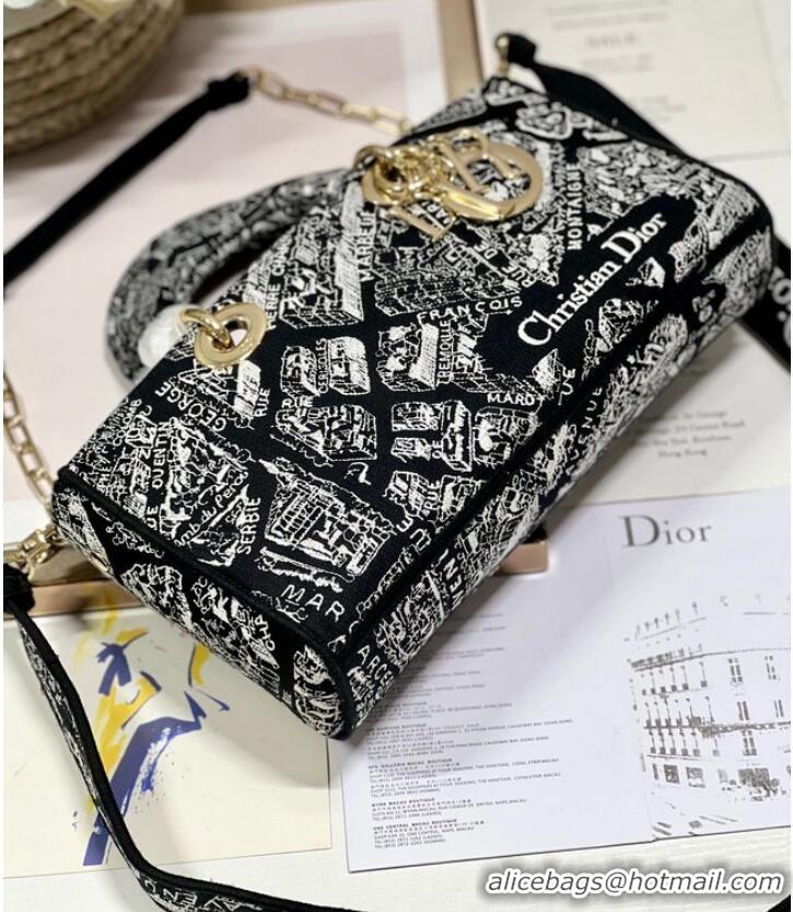 Top Quality MEDIUM DIOR LADY D-JOY BAG Black Plan de Paris Embroidery M0540O