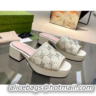 Charming Gucci Leather Heel Platform Slide Sandals 4cm Interlocking G Studs Cream White 403111