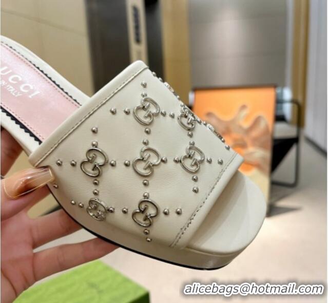 Charming Gucci Leather Heel Platform Slide Sandals 4cm Interlocking G Studs Cream White 403111