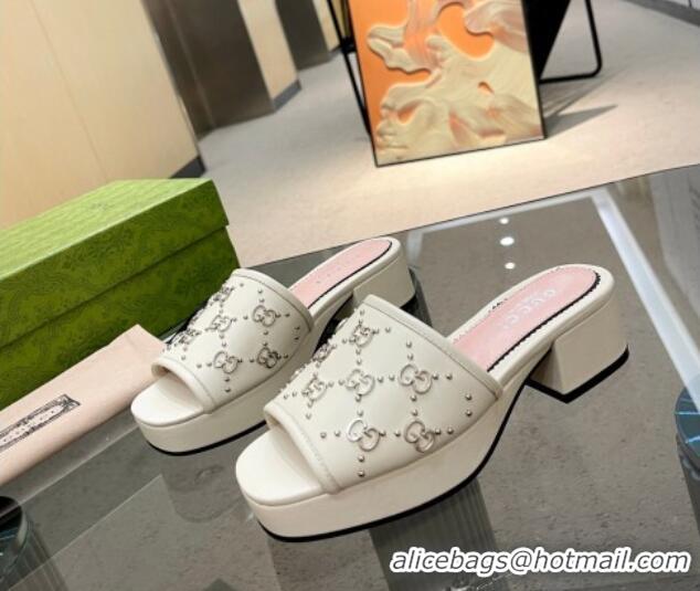 Charming Gucci Leather Heel Platform Slide Sandals 4cm Interlocking G Studs Cream White 403111