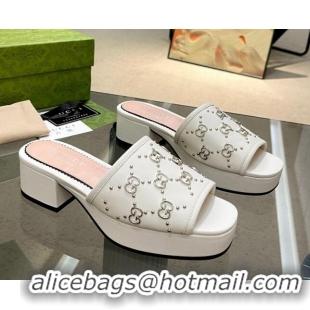 Popular Style Gucci Leather Heel Platform Slide Sandals 4cm Interlocking G Studs Optic White 403113