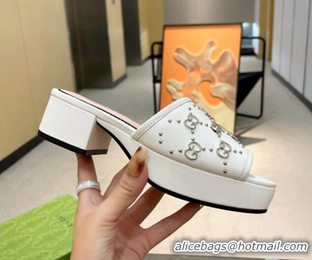 Popular Style Gucci Leather Heel Platform Slide Sandals 4cm Interlocking G Studs Optic White 403113