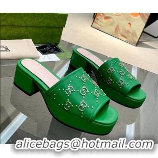 Shop Duplicate Gucci Leather Heel Platform Slide Sandals 4cm Interlocking G Studs Green 403114