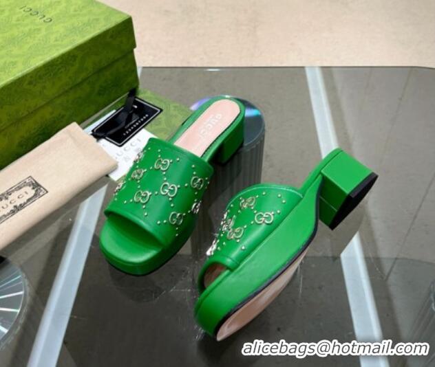 Shop Duplicate Gucci Leather Heel Platform Slide Sandals 4cm Interlocking G Studs Green 403114