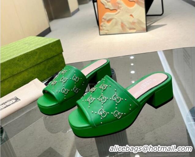 Shop Duplicate Gucci Leather Heel Platform Slide Sandals 4cm Interlocking G Studs Green 403114