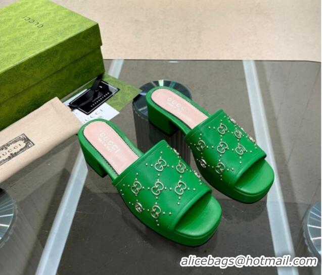 Shop Duplicate Gucci Leather Heel Platform Slide Sandals 4cm Interlocking G Studs Green 403114