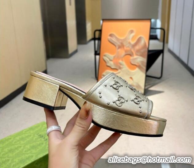 Good Product Gucci Leather Heel Platform Slide Sandals 4cm Interlocking G Studs Gold 403115