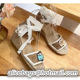 Discount Gucci GG Canvas Wedge Sandals 9cm with Dog Embroidery Beige 403116