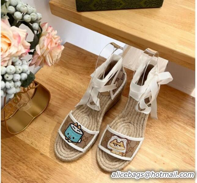 Discount Gucci GG Canvas Wedge Sandals 9cm with Dog Embroidery Beige 403116