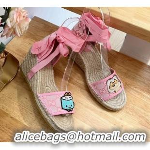 Best Grade Gucci GG Canvas Wedge Sandals 9cm with Dog Embroidery Pink 403117