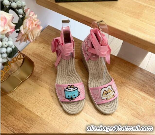 Best Grade Gucci GG Canvas Wedge Sandals 9cm with Dog Embroidery Pink 403117