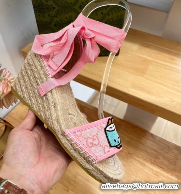 Best Grade Gucci GG Canvas Wedge Sandals 9cm with Dog Embroidery Pink 403117