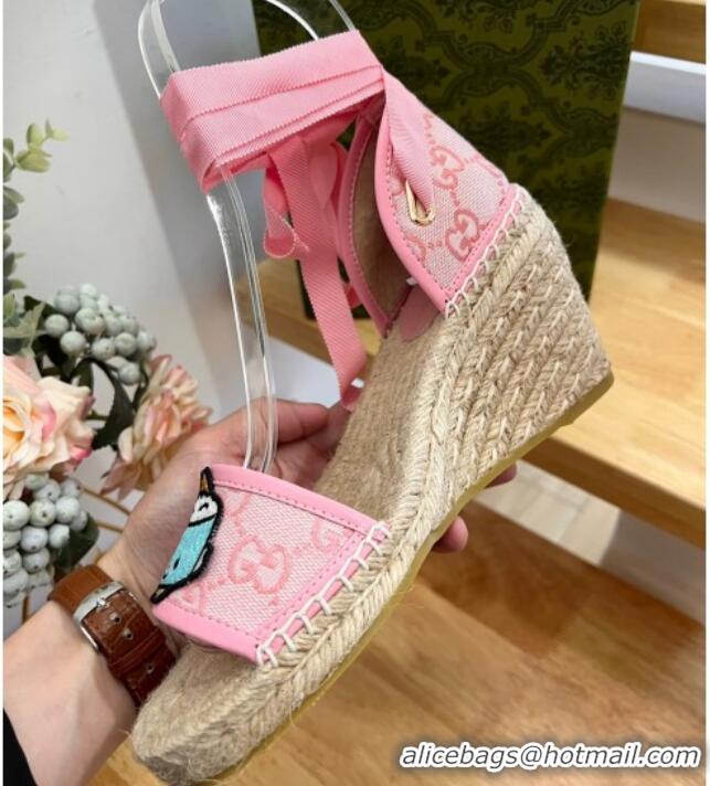 Best Grade Gucci GG Canvas Wedge Sandals 9cm with Dog Embroidery Pink 403117