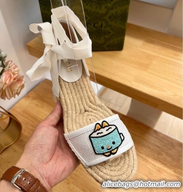 Top Grade Gucci GG Canvas Wedge Sandals 9cm with Dog Embroidery White 403118